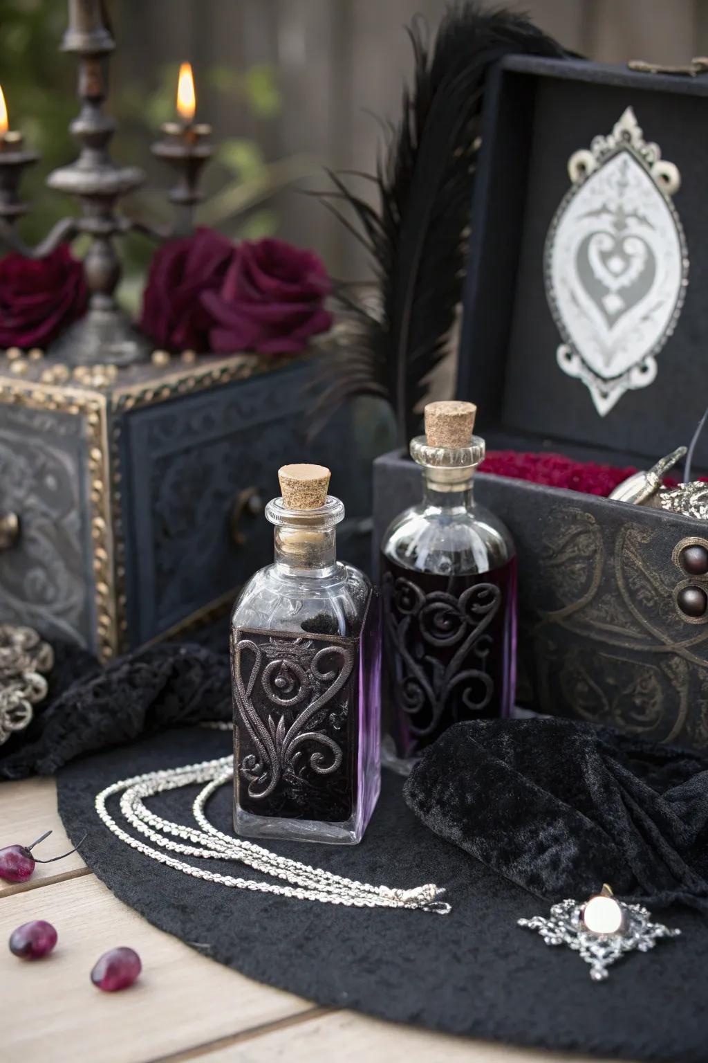 Gothic wedding favors with love potion bottles.