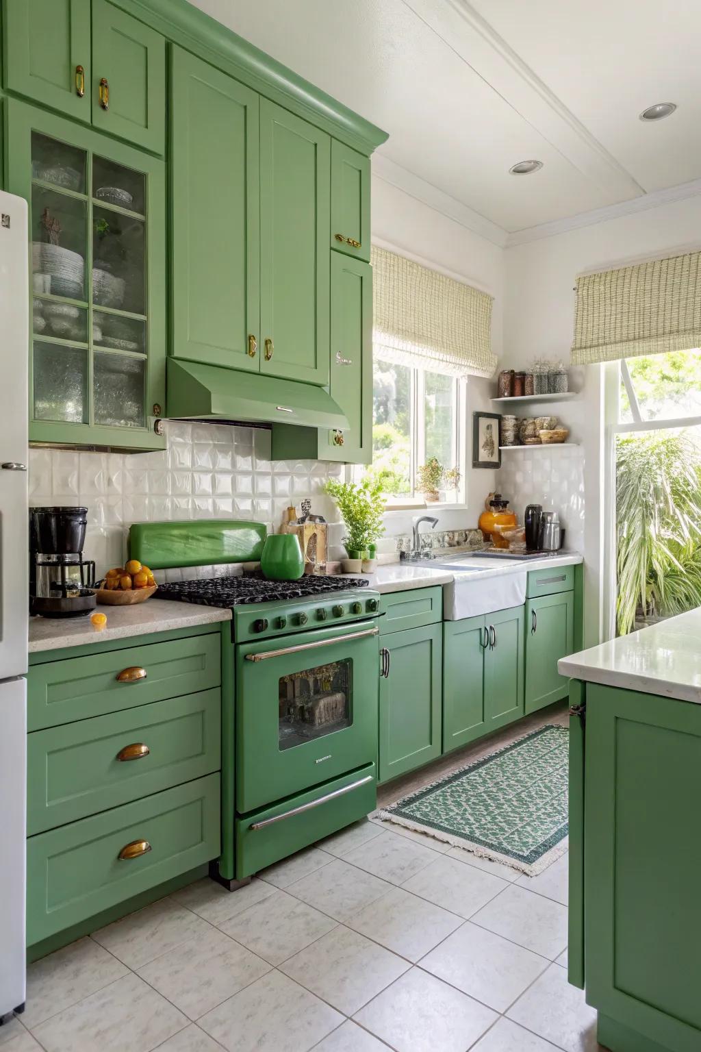 Green appliances subtly reinforcing the color scheme.