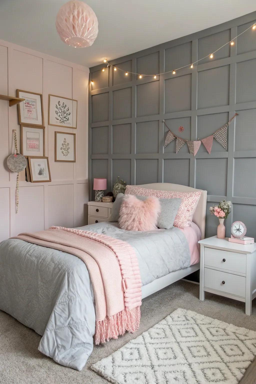 Delicate accents add romance to the grey feature wall.