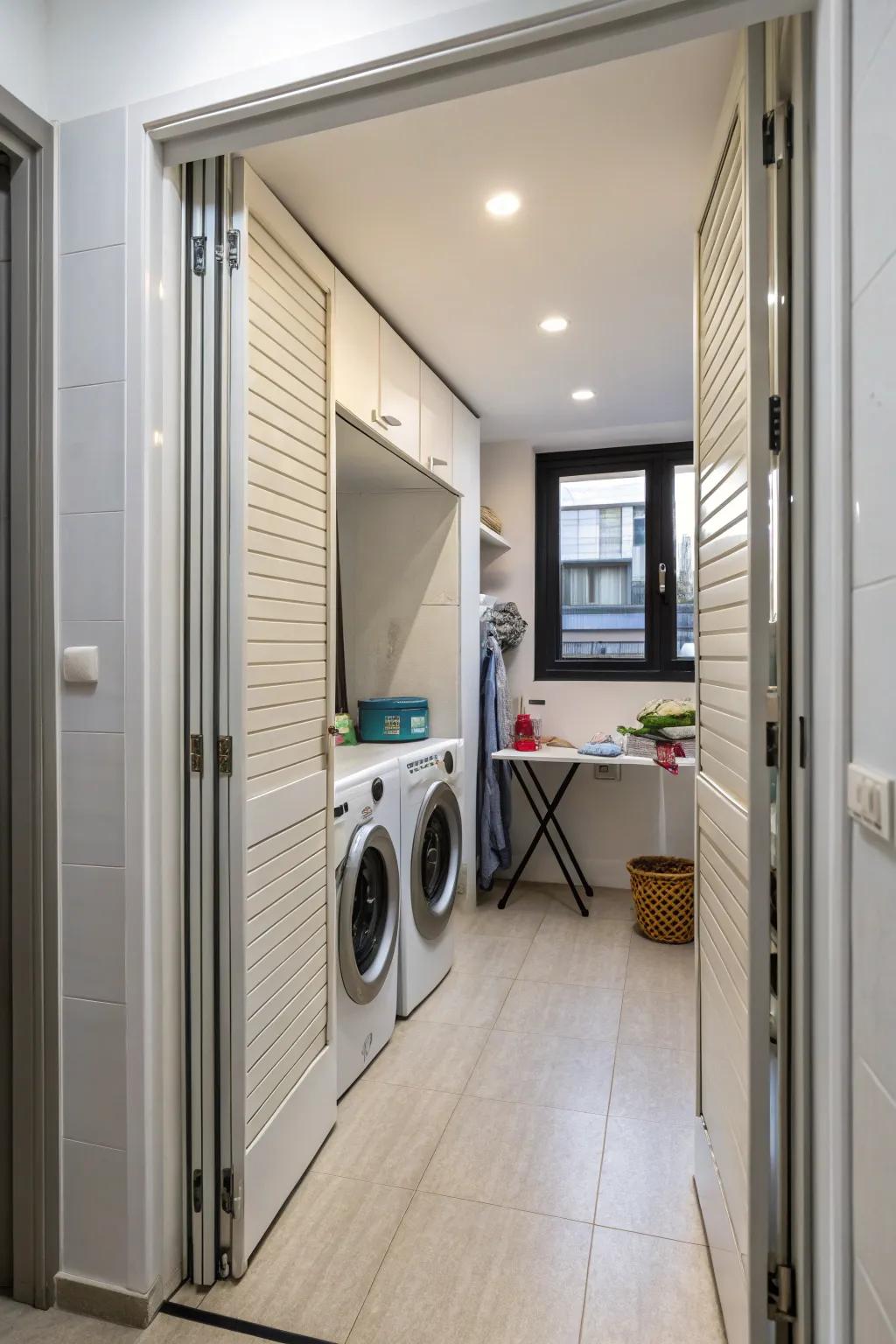 Accordion doors provide flexible access to a compact hallway laundry room.