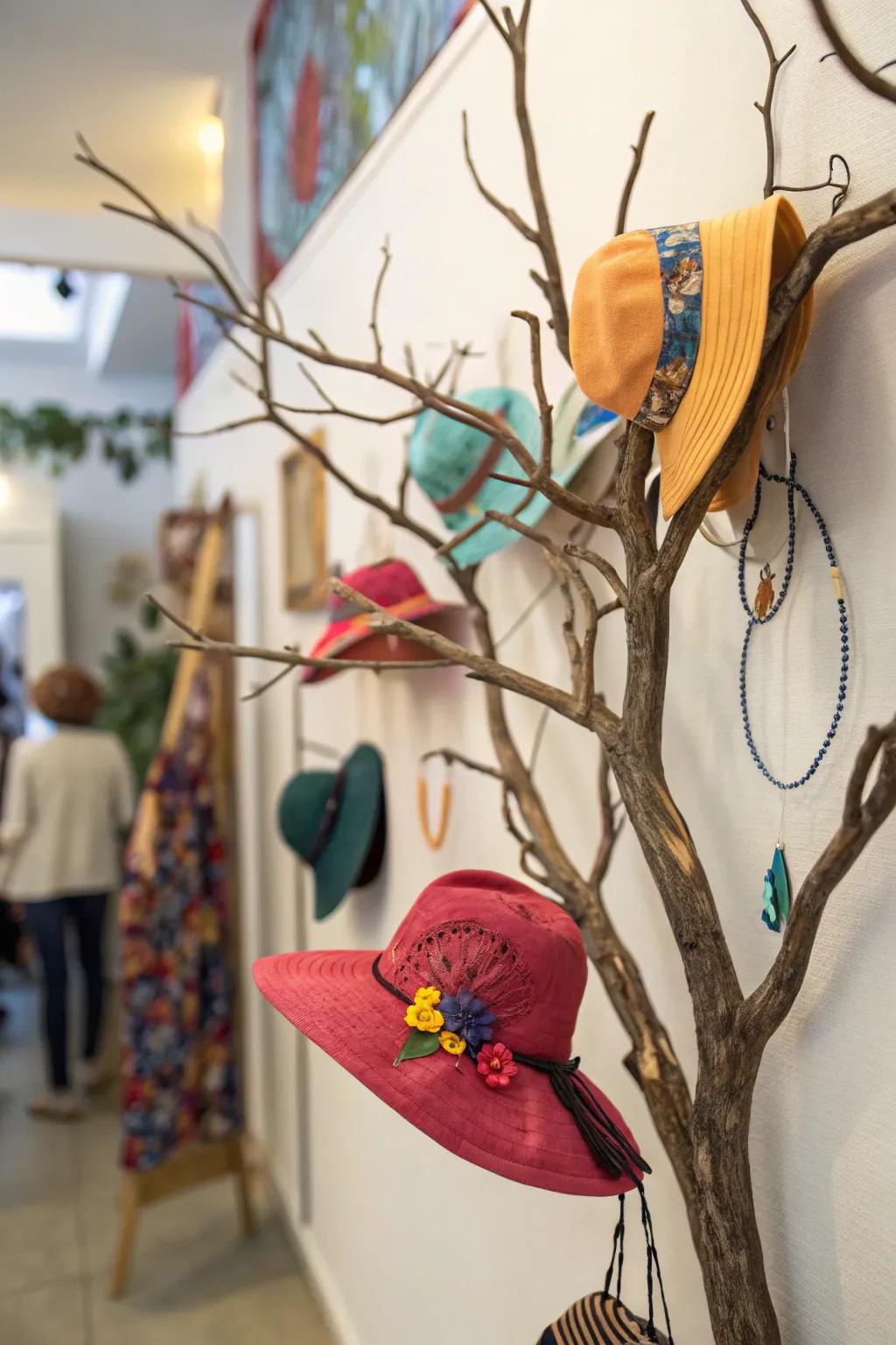 An artistic branch adds a whimsical touch to your hat display.