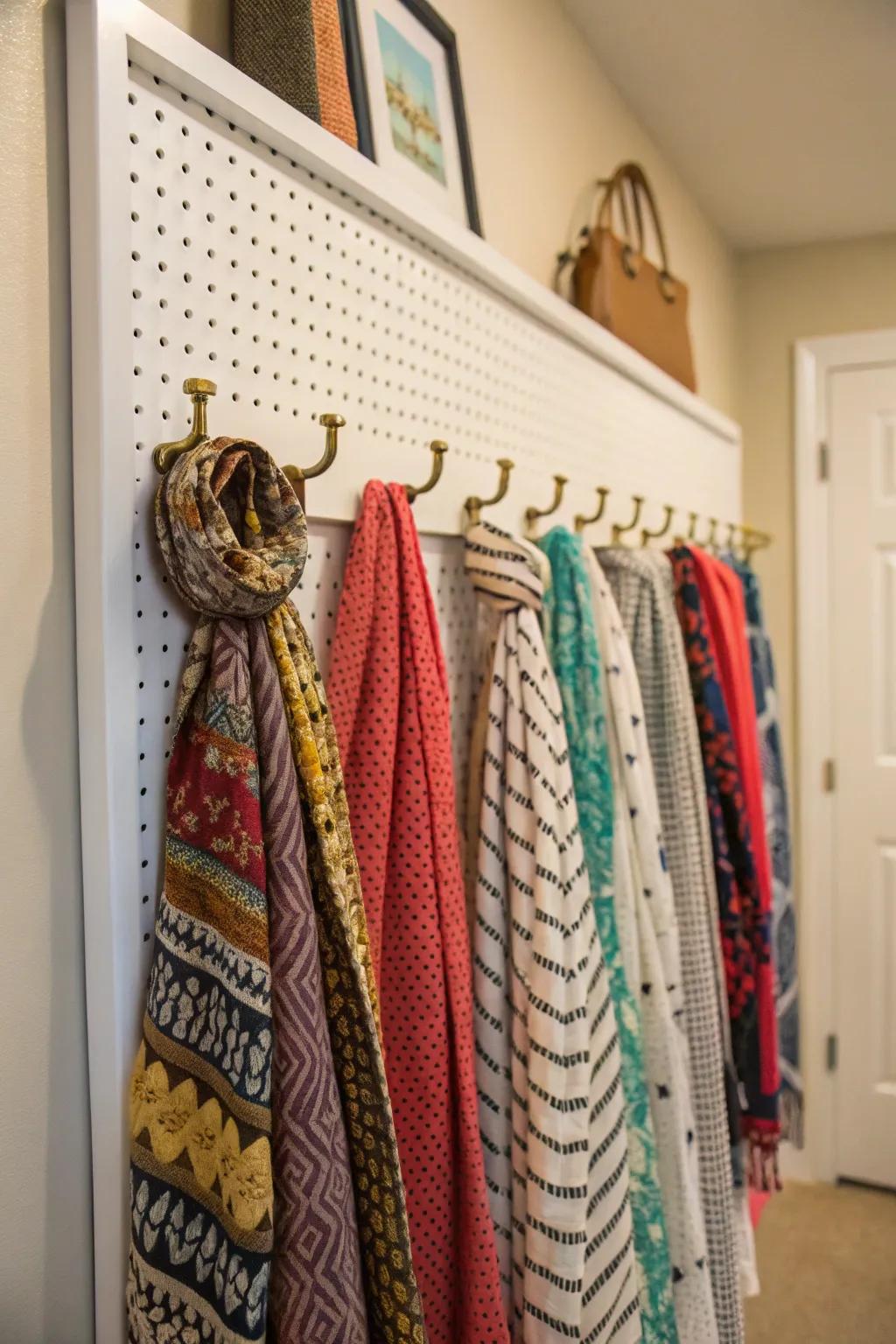 A pegboard offers flexible and personalized scarf storage.