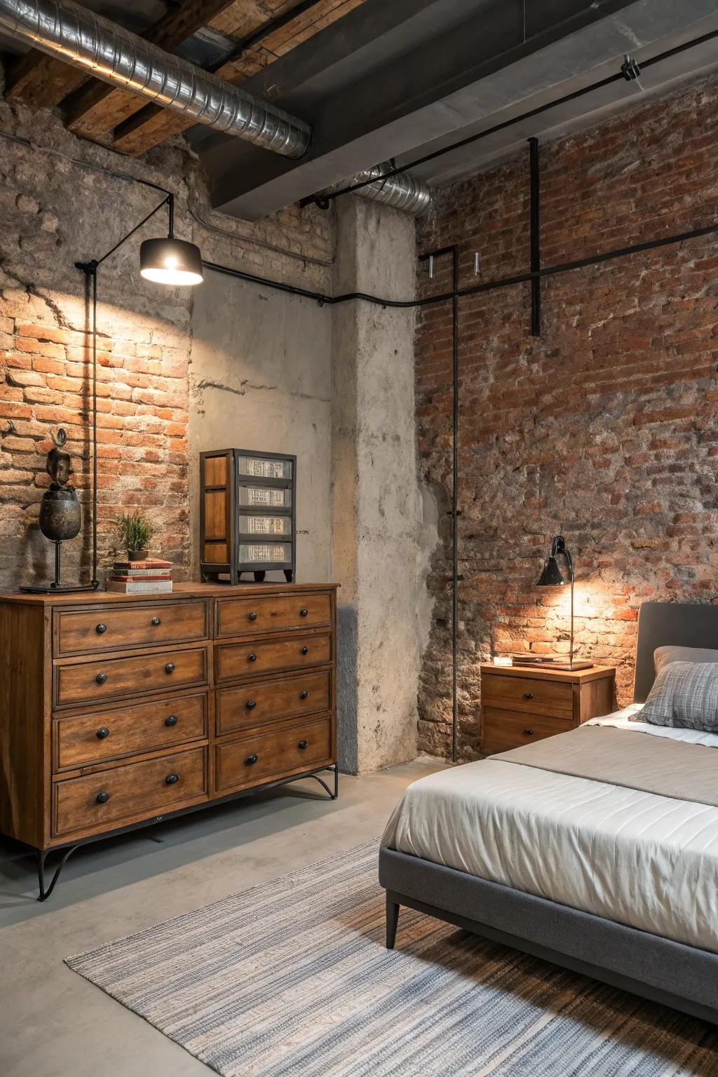 A blend of old and new elements creates a timeless look in this industrial bedroom.