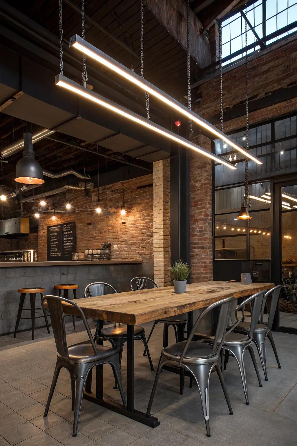 Industrial chic dining nook with linear LED lighting