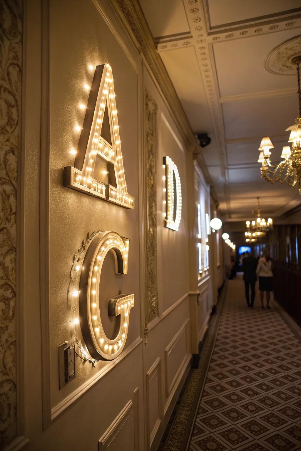 Illuminated initials create a striking night-time effect.