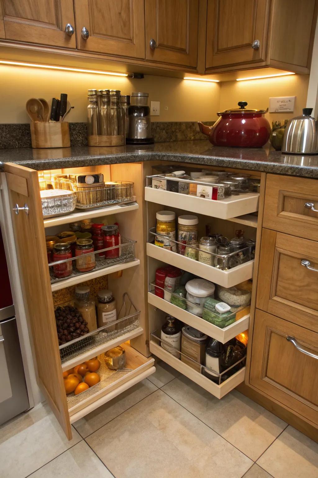 Fold-out shelves make deep corner storage simple to access.