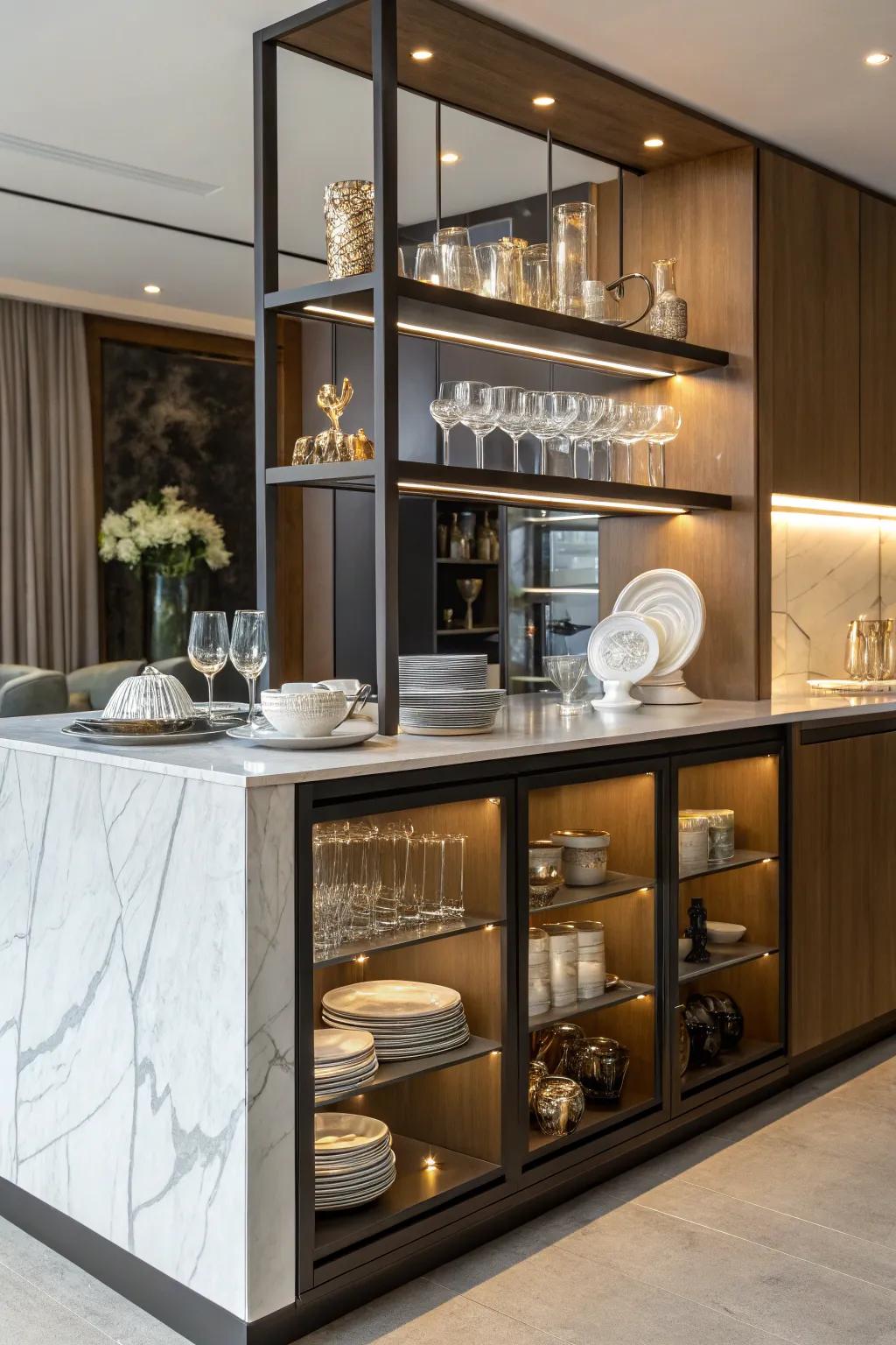 Open shelving on the island provides both usefulness and style.