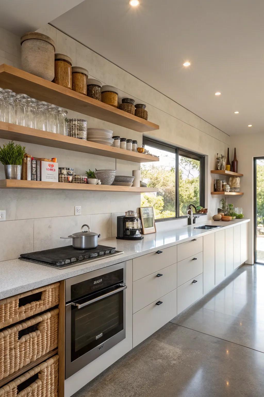 Concealed storage within shelves keeps kitchens uncluttered and efficient.