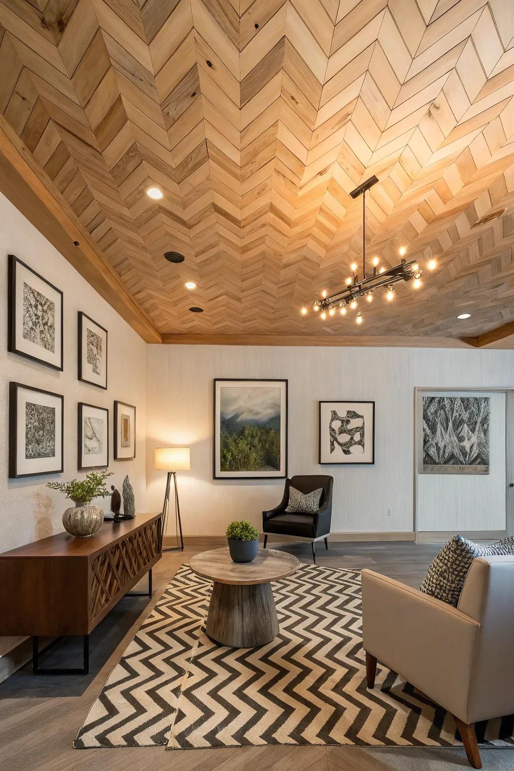 A modern room where a chevron-patterned ceiling adds artistic flair.