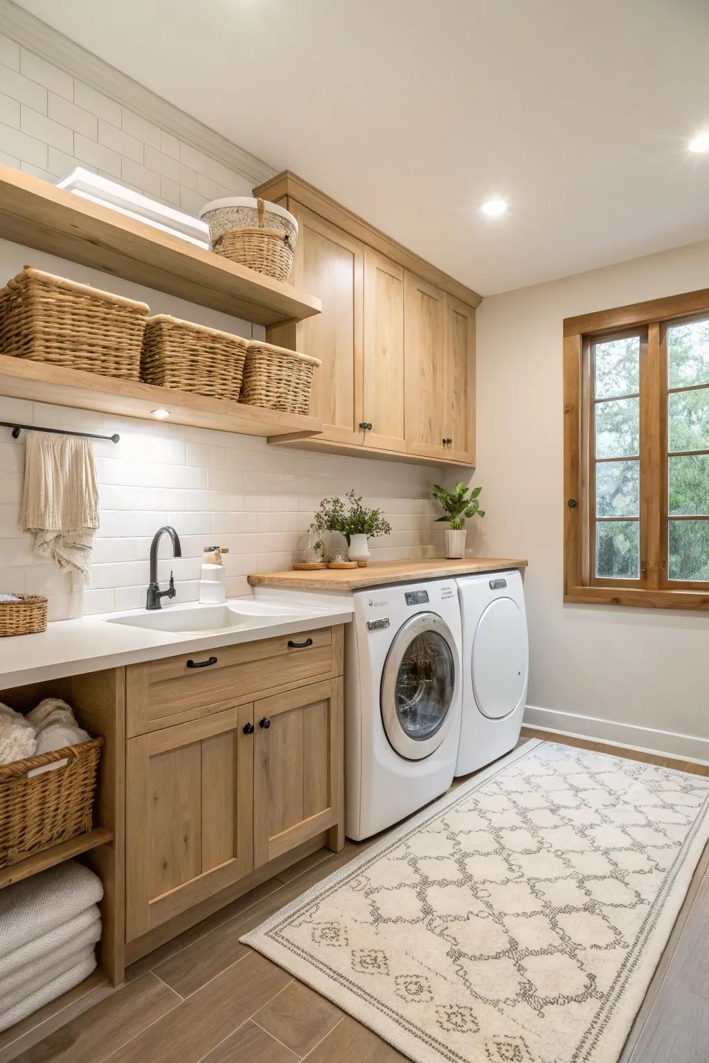 Neutral tones and natural wood accents create a calming laundry room.