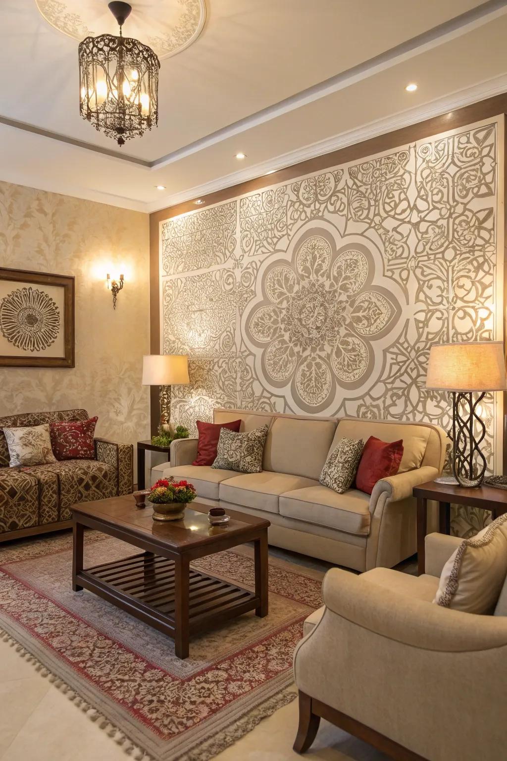 Stenciled designs on the feature wall add a personal artistic signature.