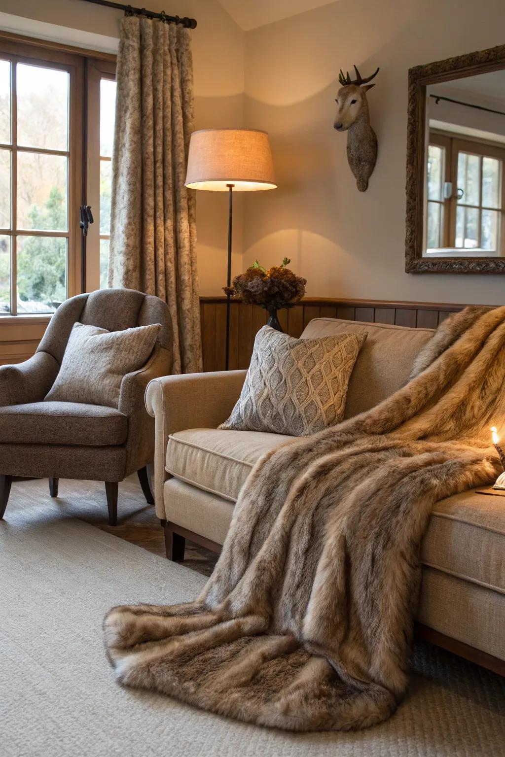 Simulated fur pieces enhance the luxury and warmth of this welcoming living space.