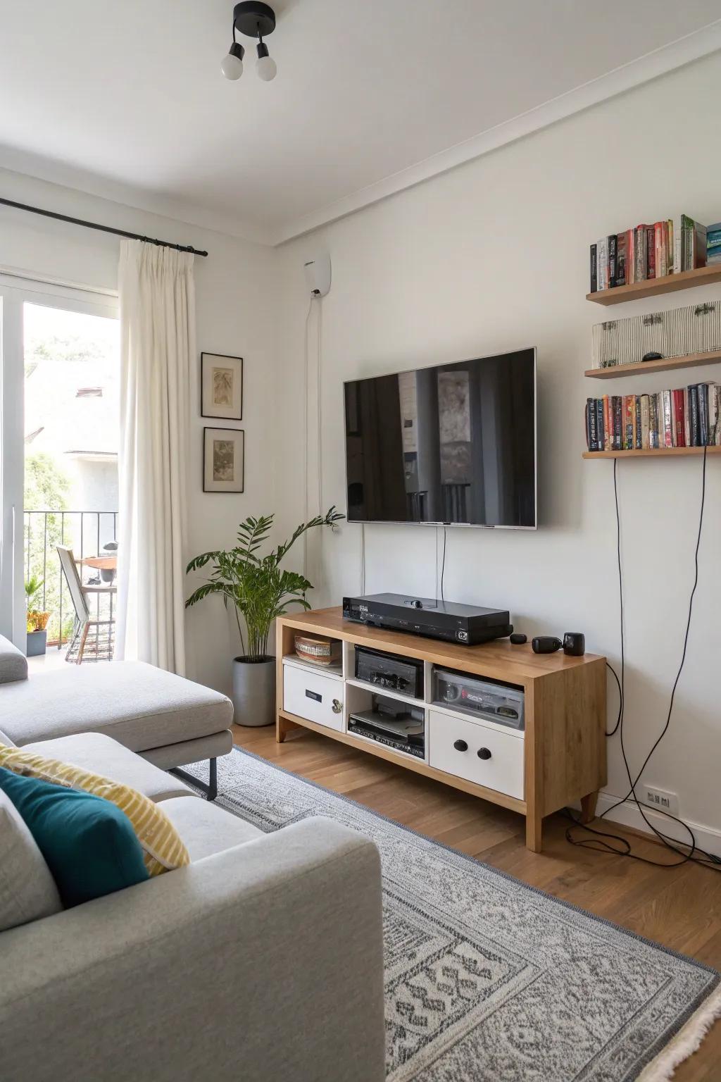 Hidden cables create a neat and polished TV area.
