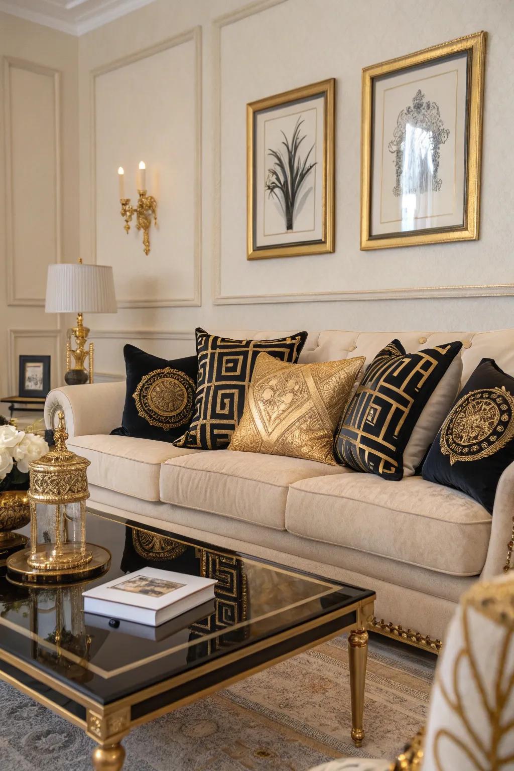 Opulent accessories enhance the room's design.