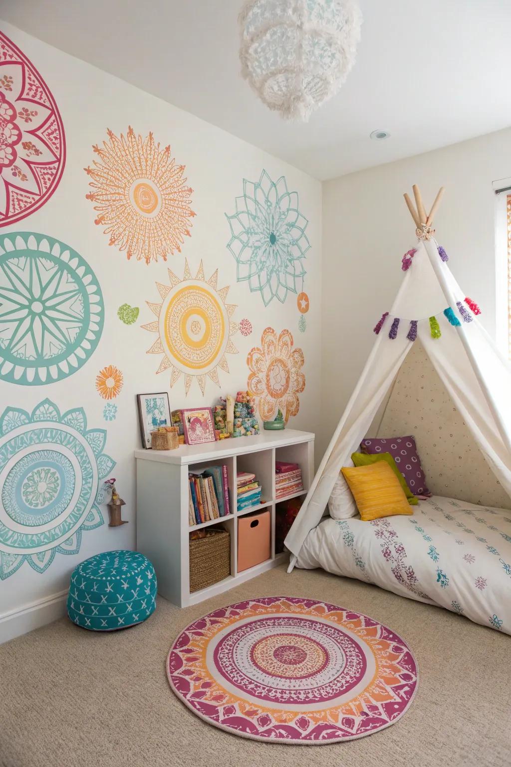 Removable mandala decals adding playfulness to a kids' room.