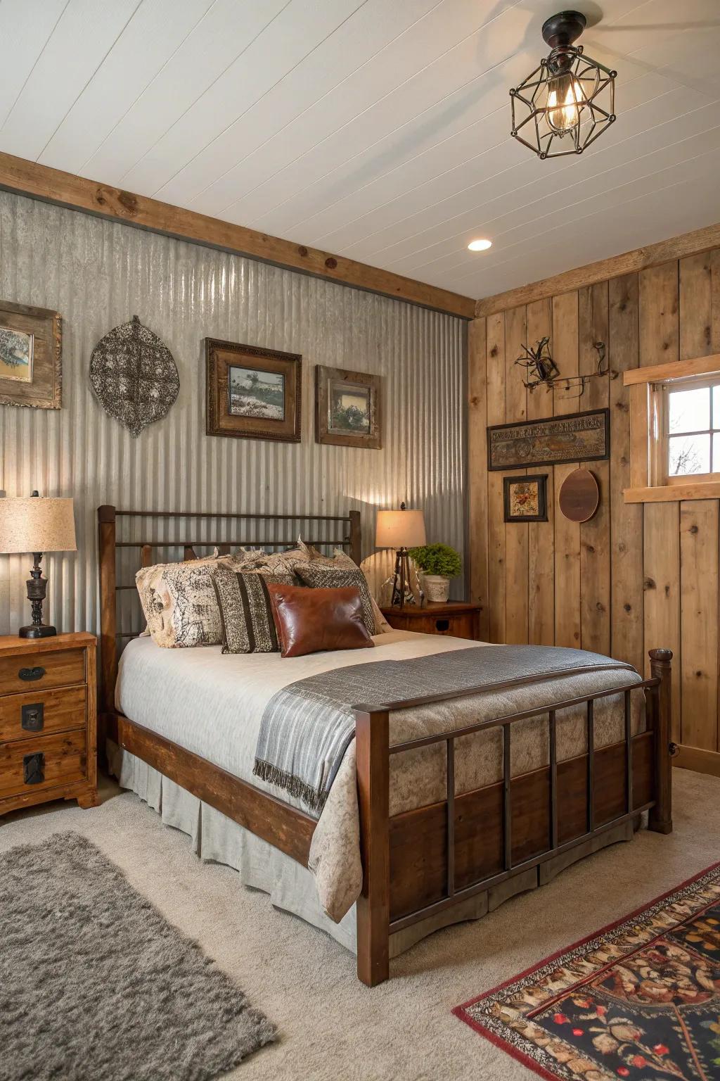 Create a warm and rustic bedroom with metal wainscoting.