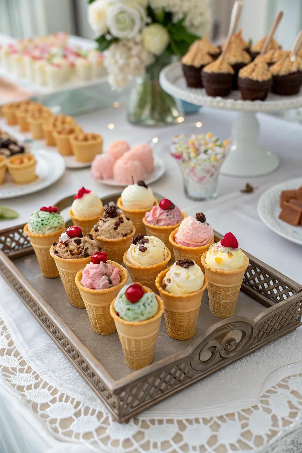 Mini ice cream cones offer a delightful sweet treat.