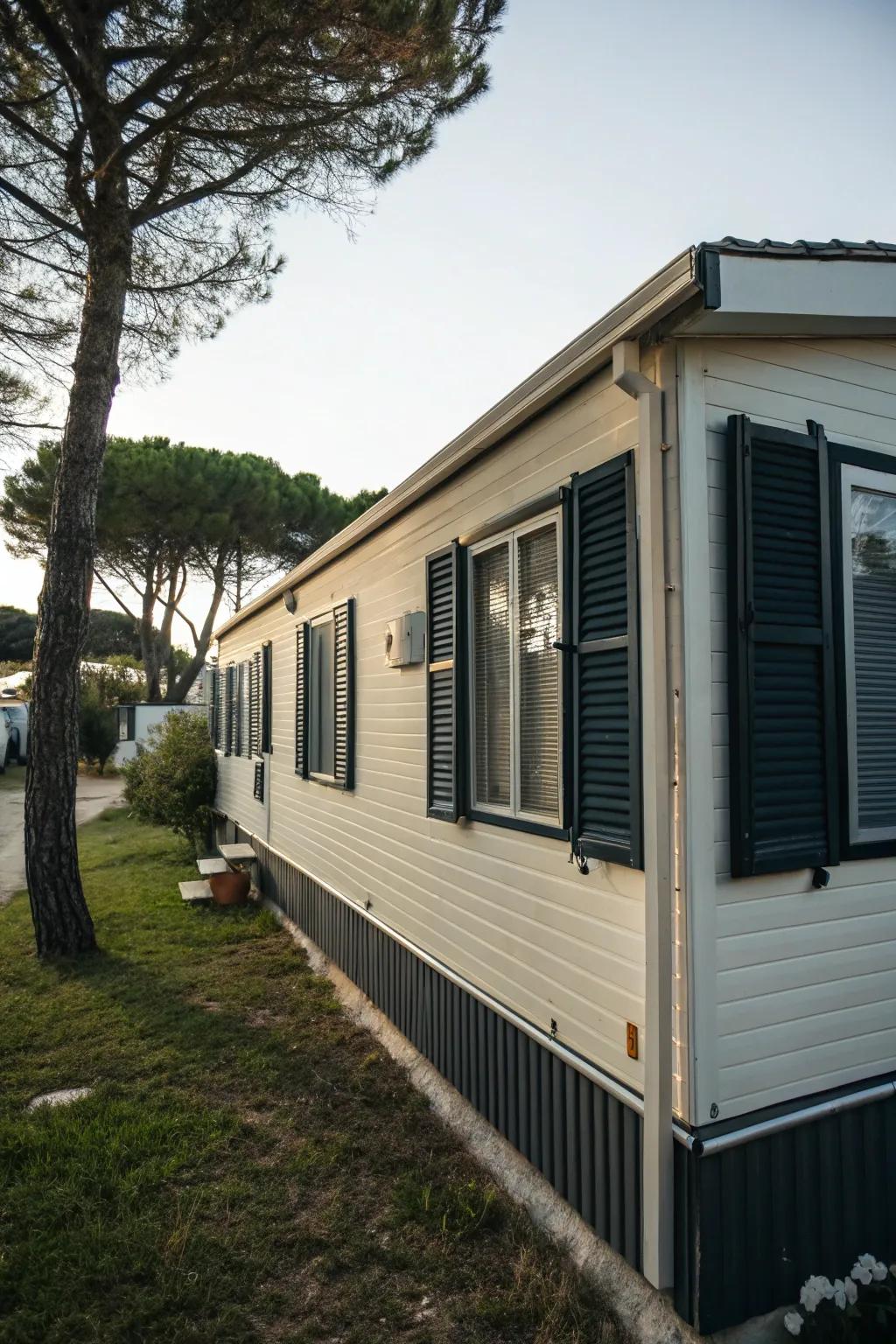 Dark shutters creating a striking contrast on a mobile home.