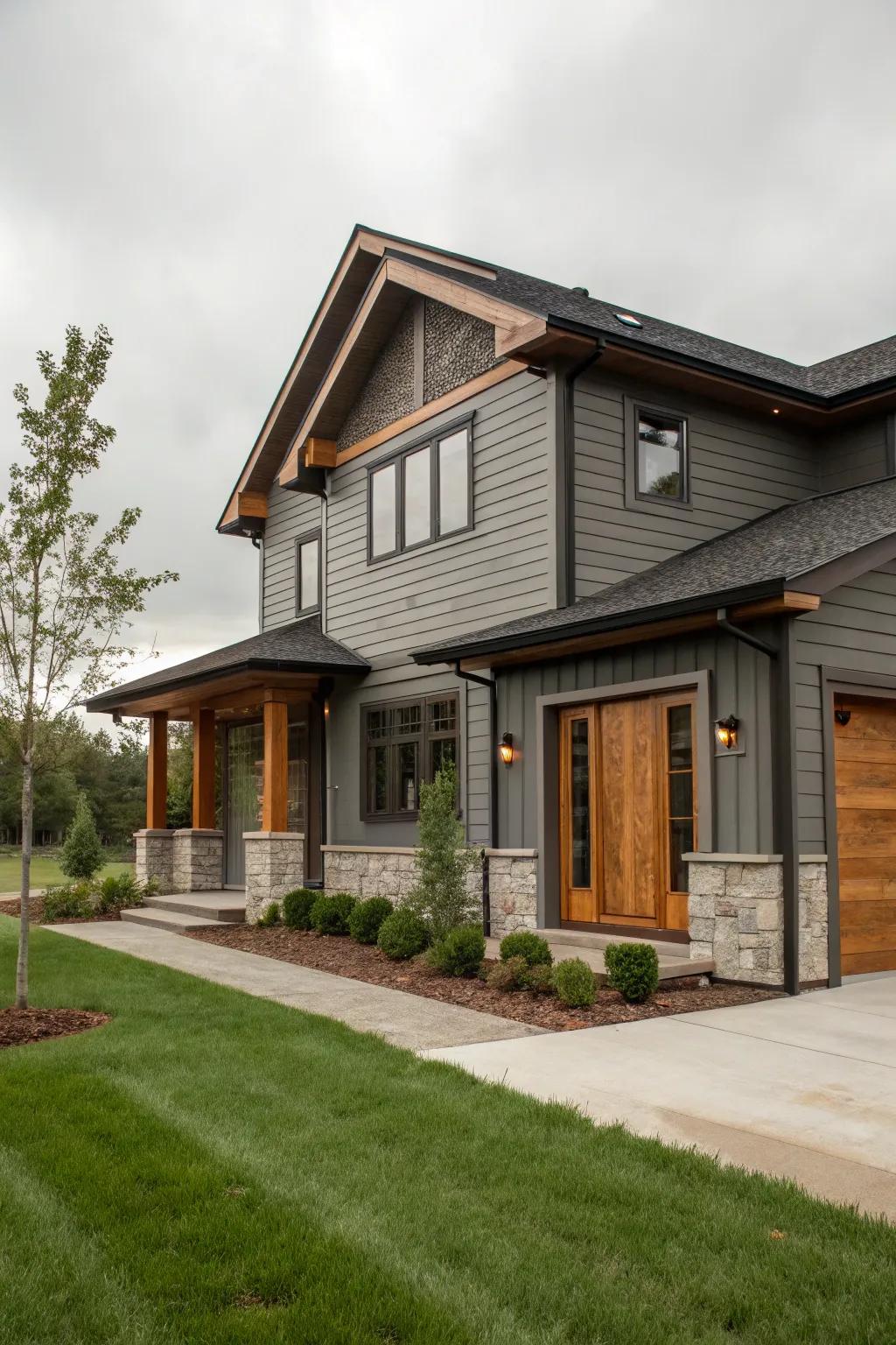 Stone grey and cherry lumber for a rich, inviting facade.