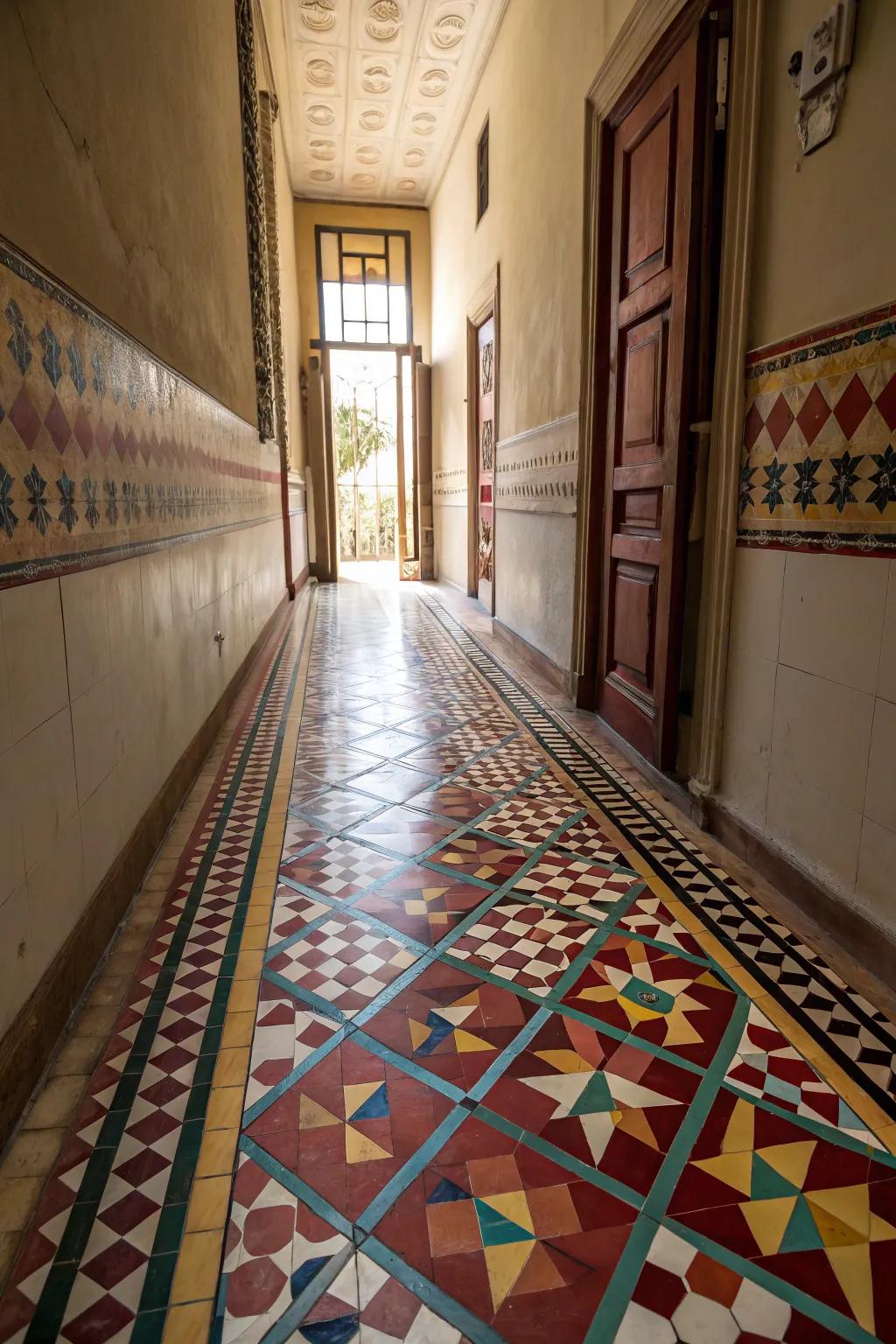 Bold flooring choices add character and style to the hallway.