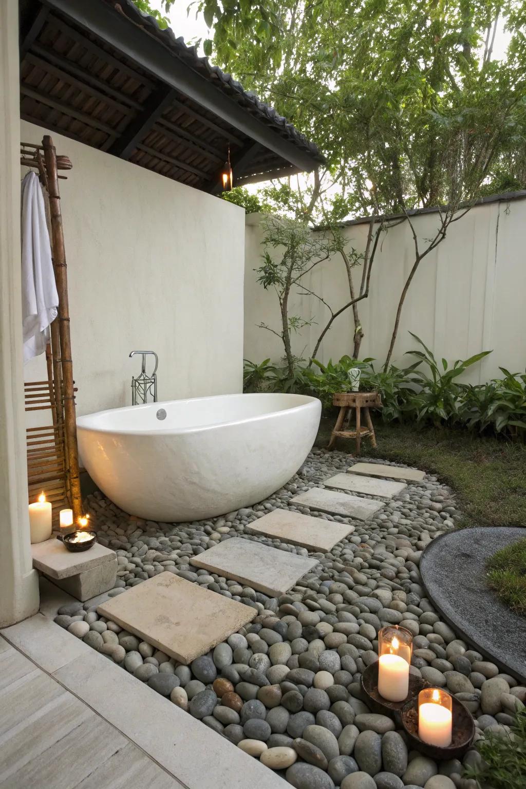 Find inner peace in a zen retreat with a calming bathtub setup.