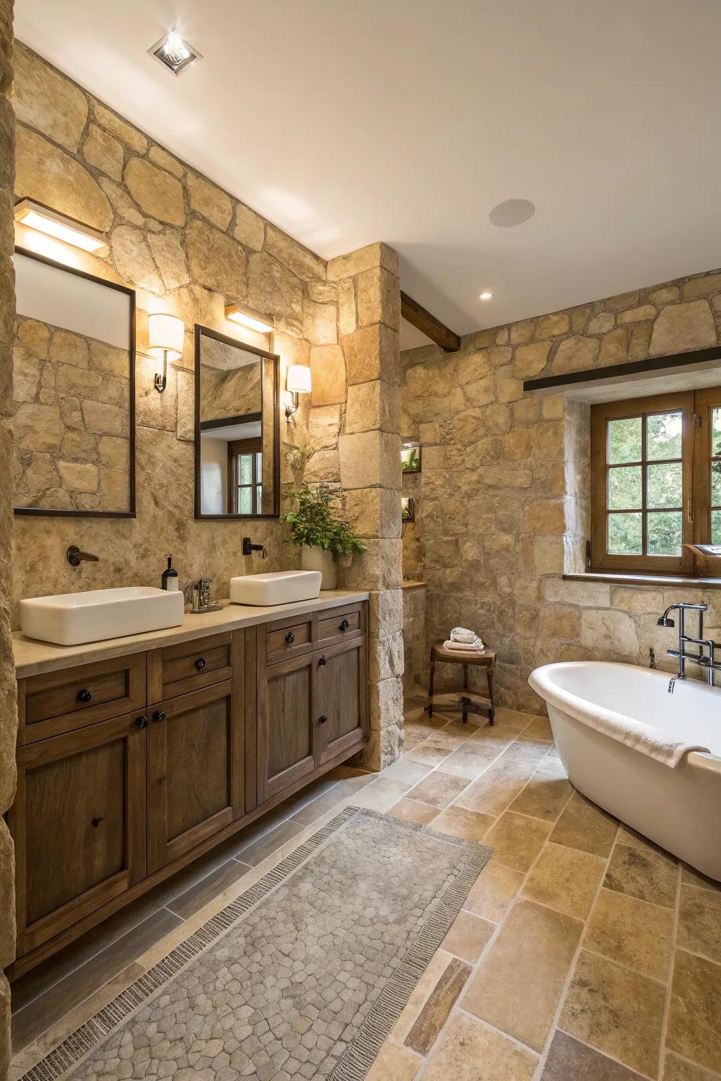 Earth stone adds timeless elegance to the subdued bathroom.