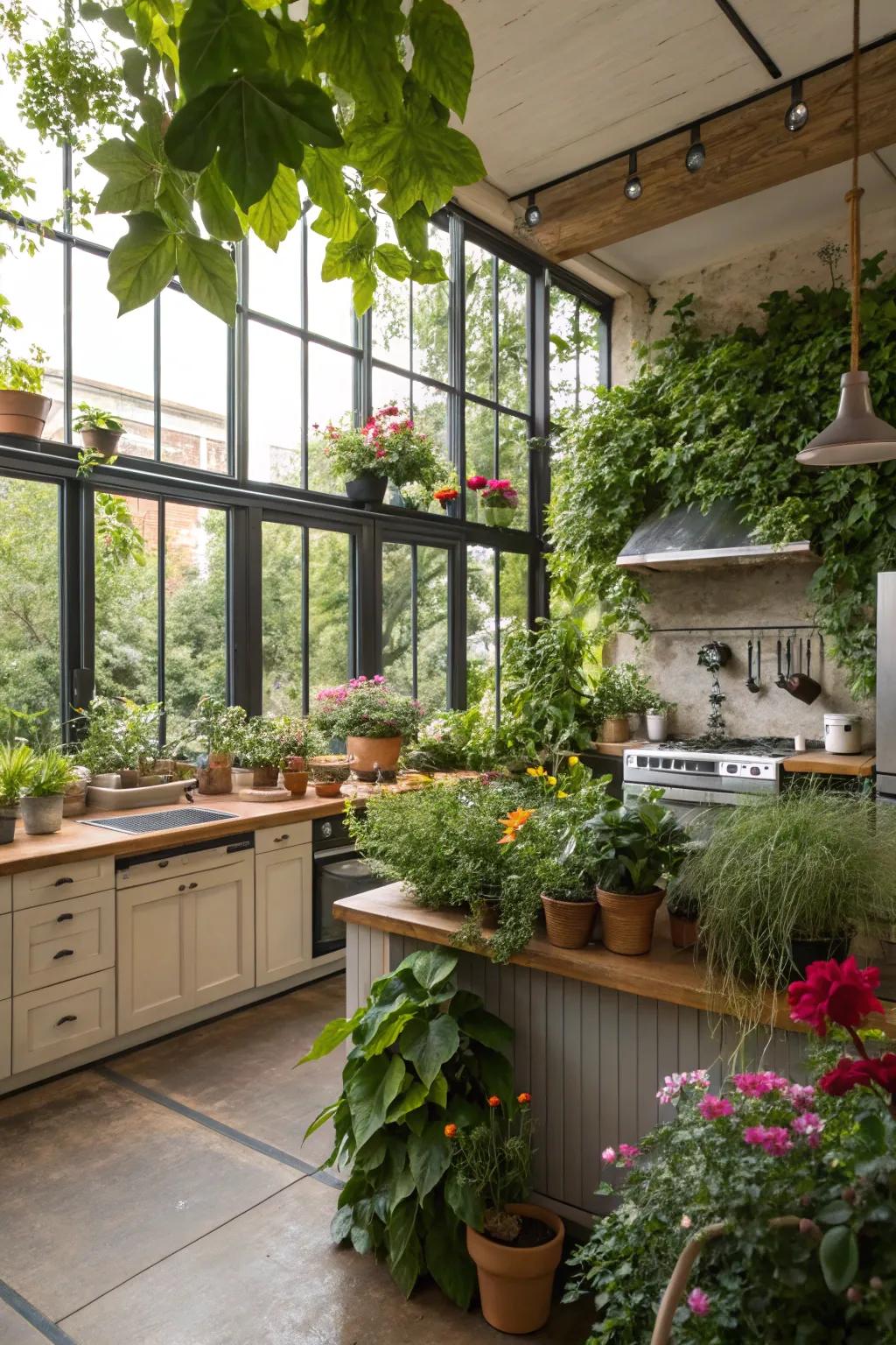 Greenery adds life and a natural touch to the kitchen.