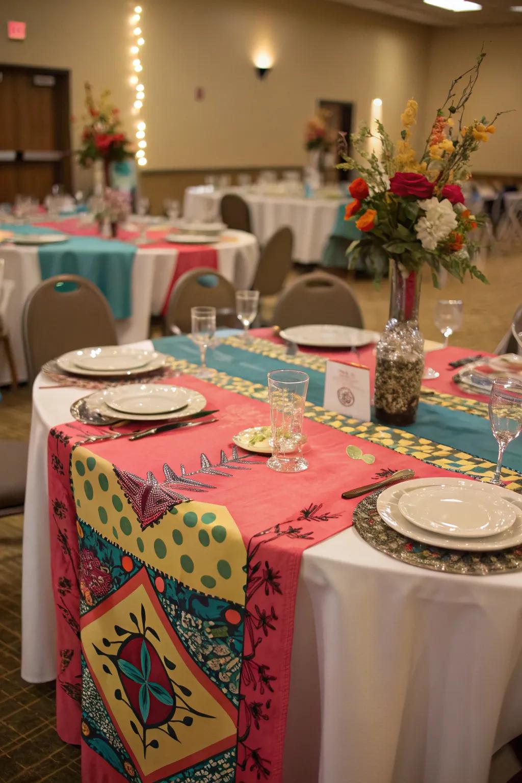 Motif-driven tablecloths and paths instill pigmentation and texture.