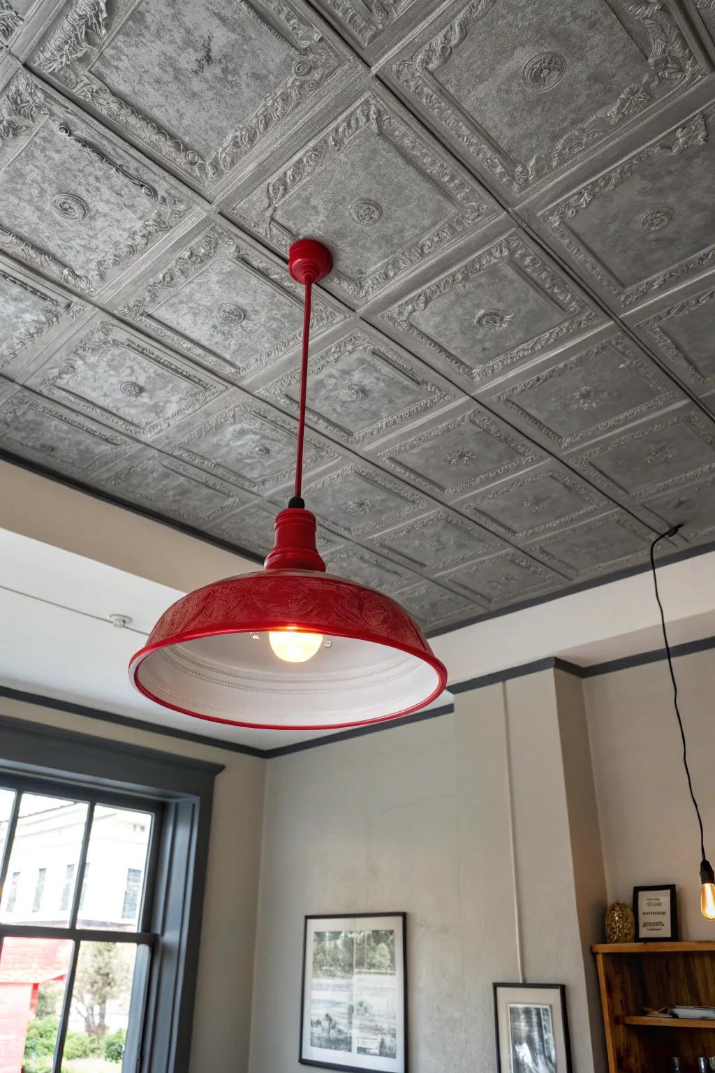 A grey ceiling highlighted by a striking red light fixture.