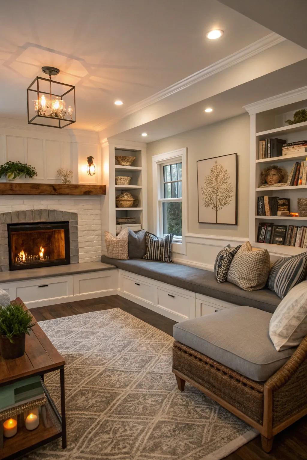 Built-in benches offer a practical and stylish seating solution around the fireplace.