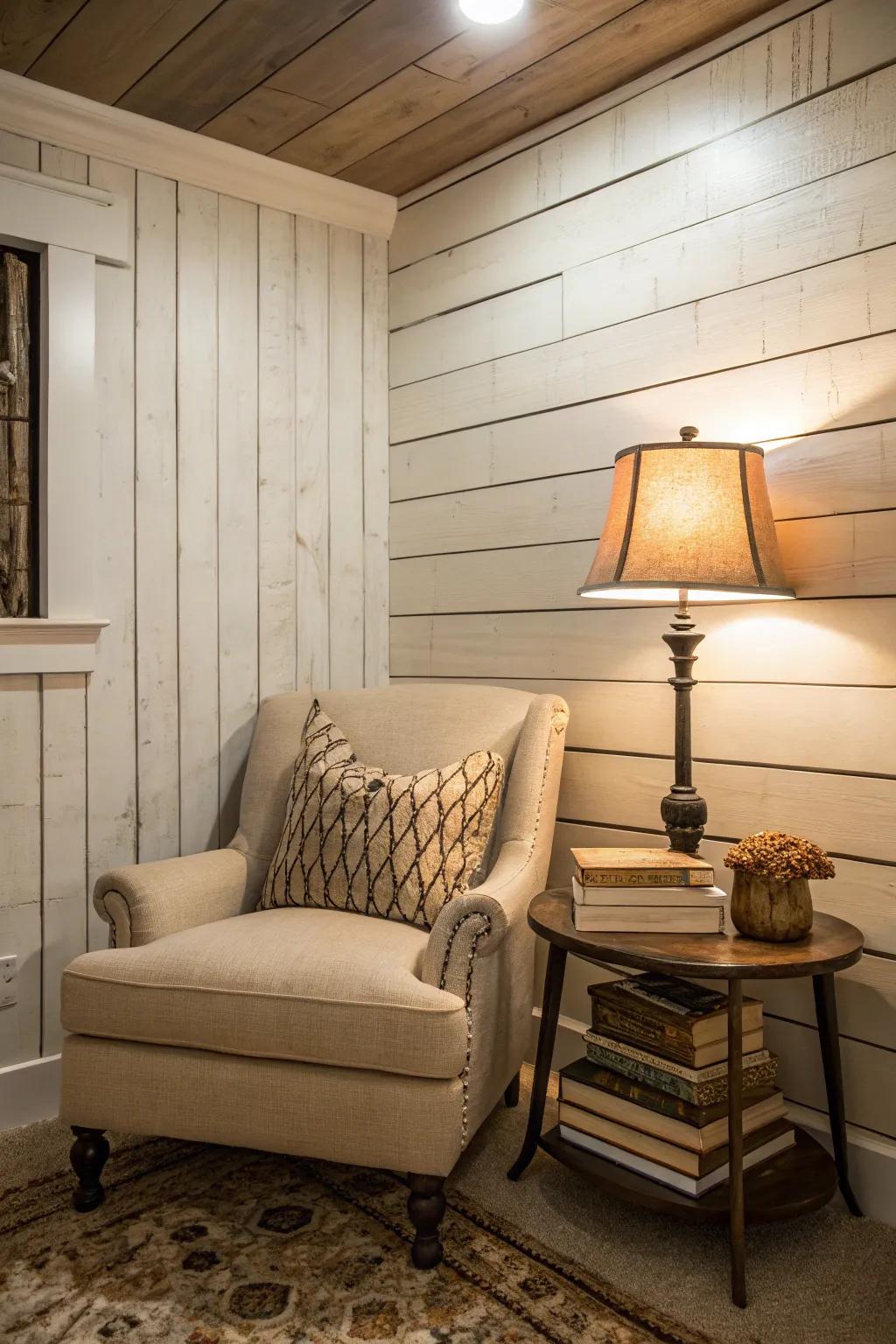A peaceful reading nook with board and batten charm.