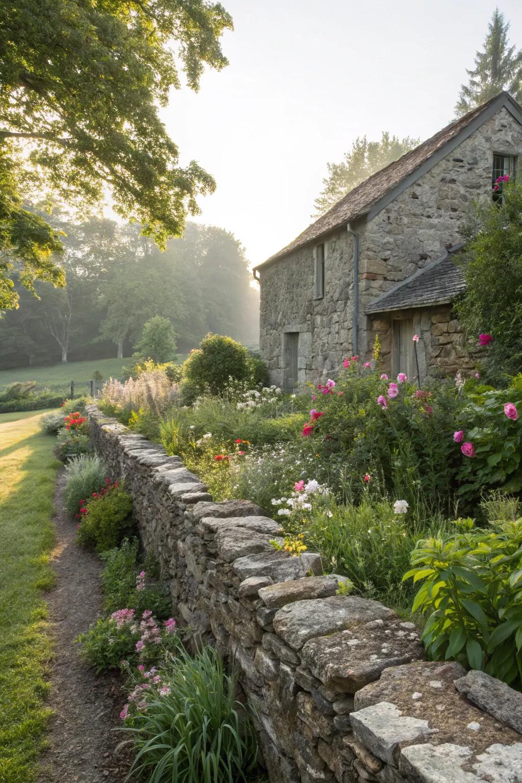 Rustic stone walls adding structure and charm.