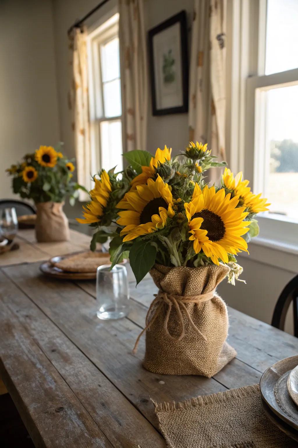 Burlap and sunflowers create a rustic, cozy centerpiece.