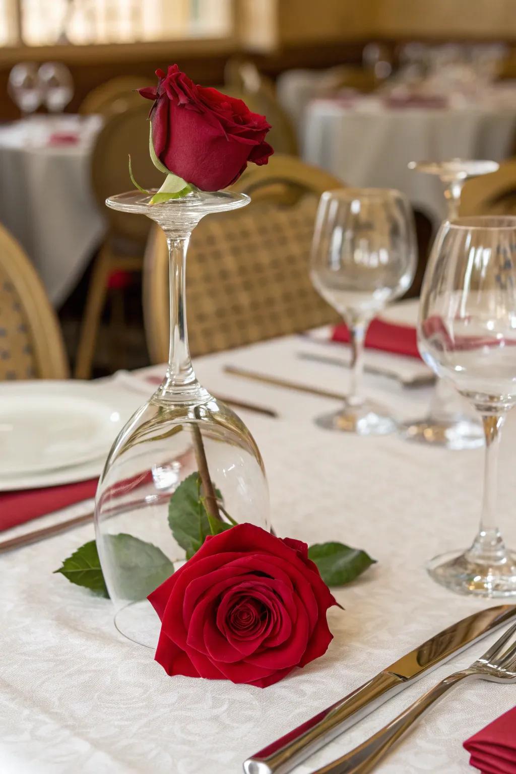 An inverted wine glass serves as a unique vase for a rose.