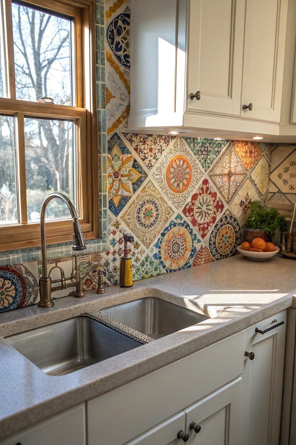 Creative mosaic tiles make for a distinctive and captivating kitchen backdrop.
