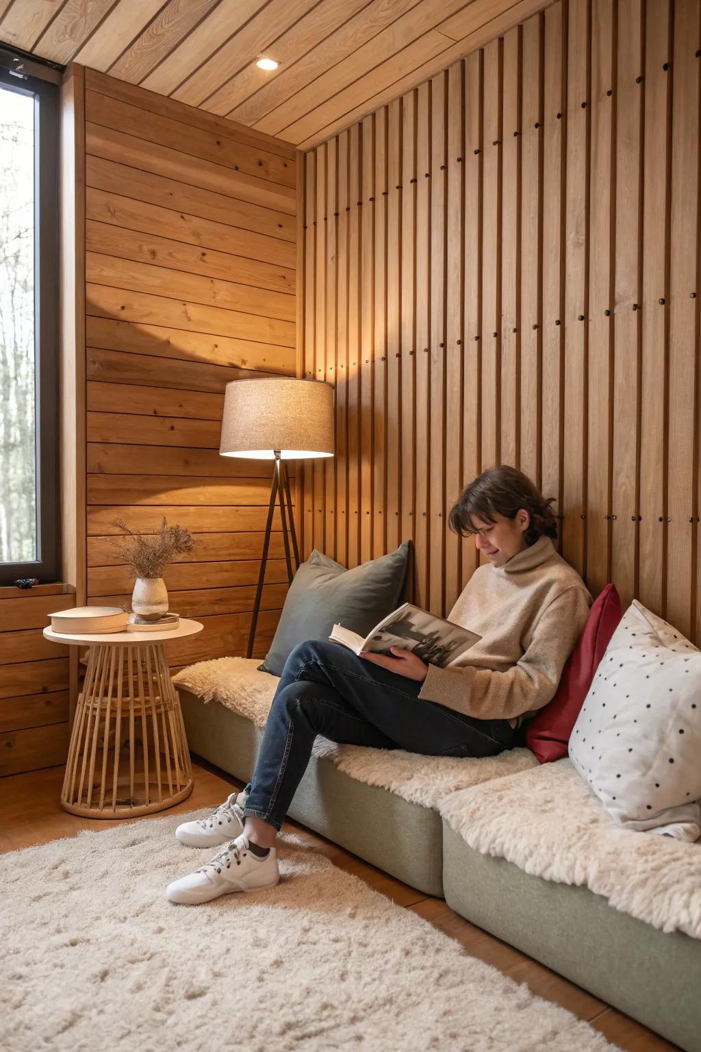 A cozy reading nook enhanced by a warm wood slat wall.