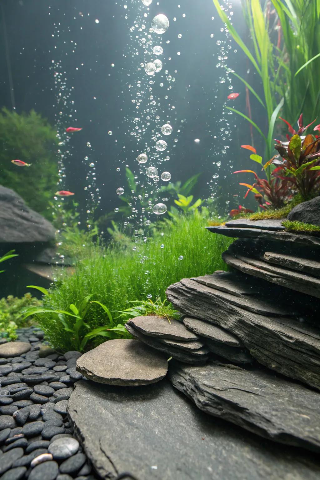 Stone-lined bubbling springs add movement to the aquarium.