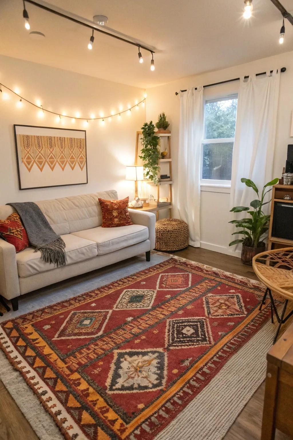 Rugs can define spaces and add warmth to small Airbnb interiors.