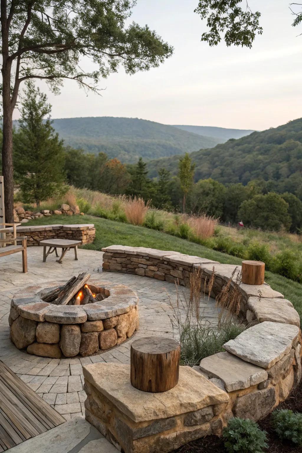 Natural rock and timber create a bonfire area that feels part of the landscape.