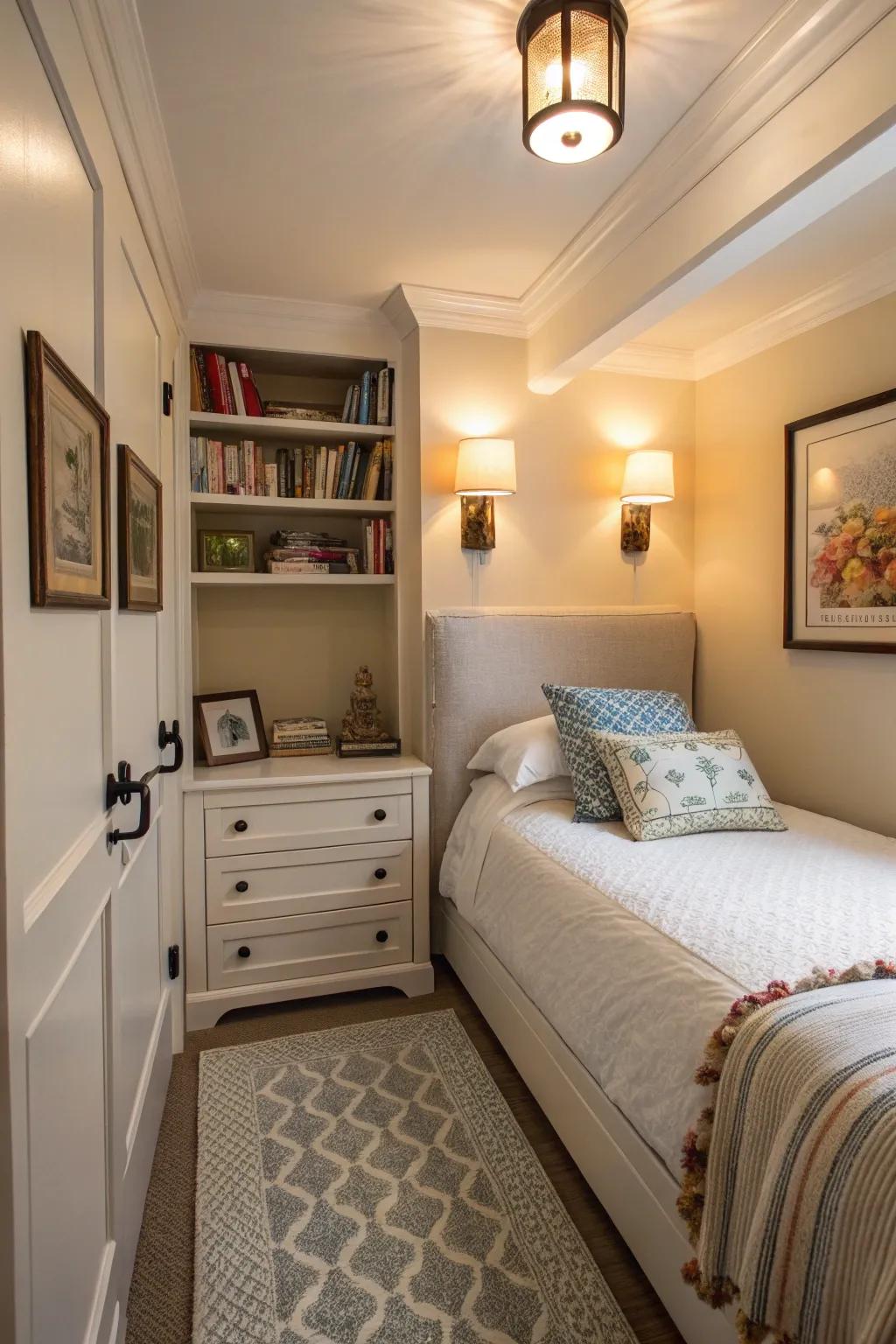 A small bedroom utilizing wall sconces to save space and add light.