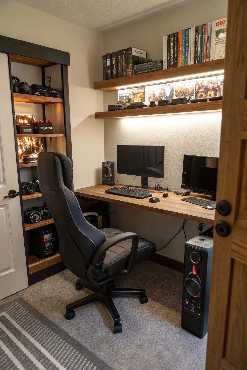 A gaming station with ergonomic seating creates a gamer's paradise.