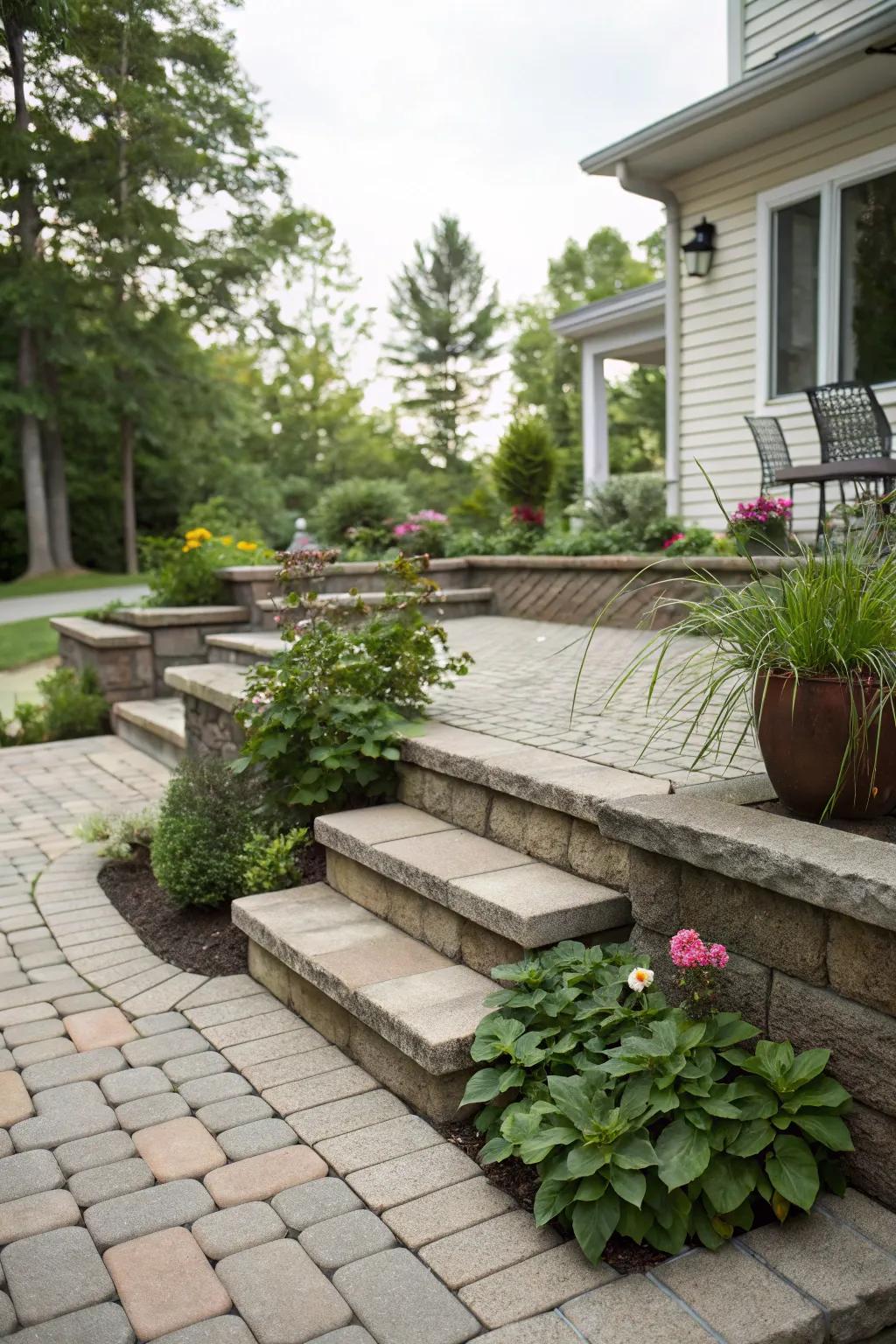 A dynamic patio with multiple levels and features.