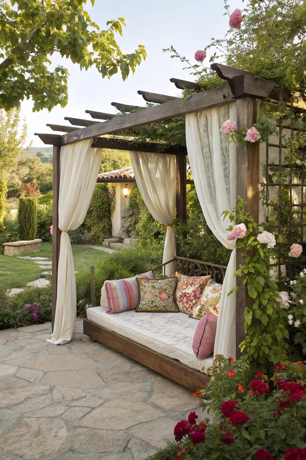 A lounger provides a relaxing hideaway beneath the pergola.