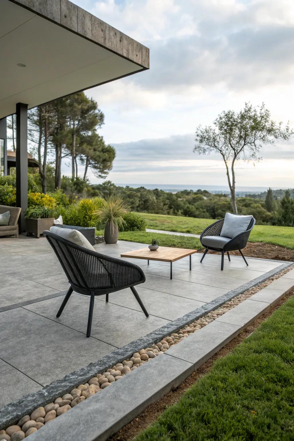 Modern outdoor space with minimalist stamped concrete border