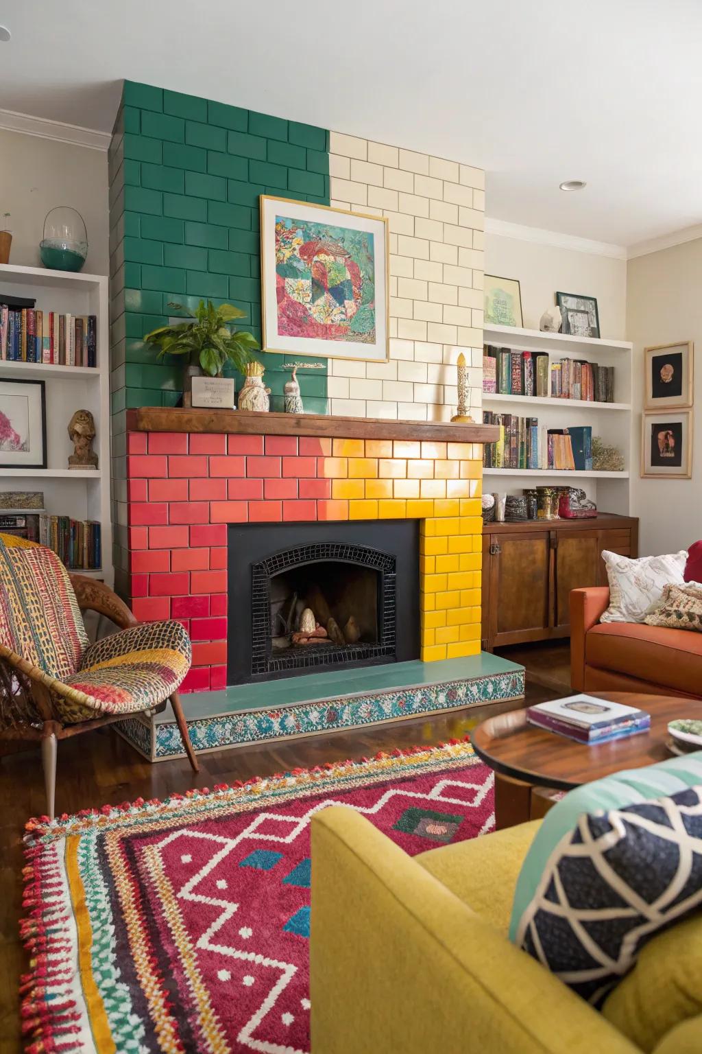 Bold color blocks make this subway tile fireplace a standout feature.