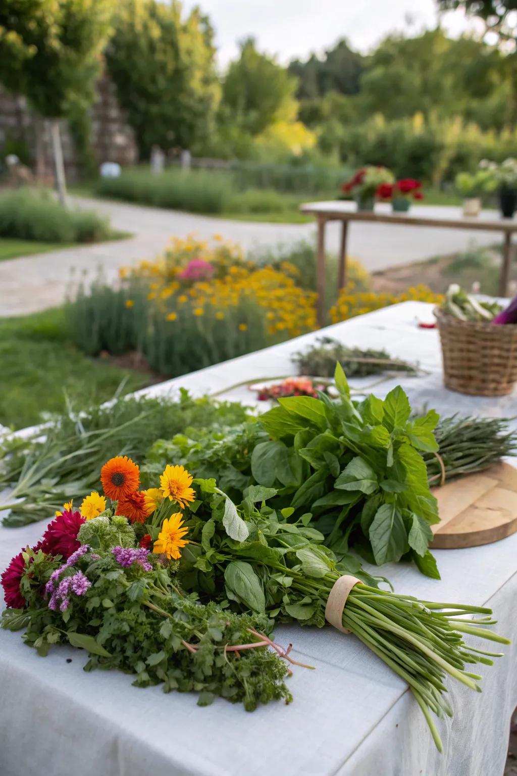 A table decorated with fresh herbs and garden flowers.