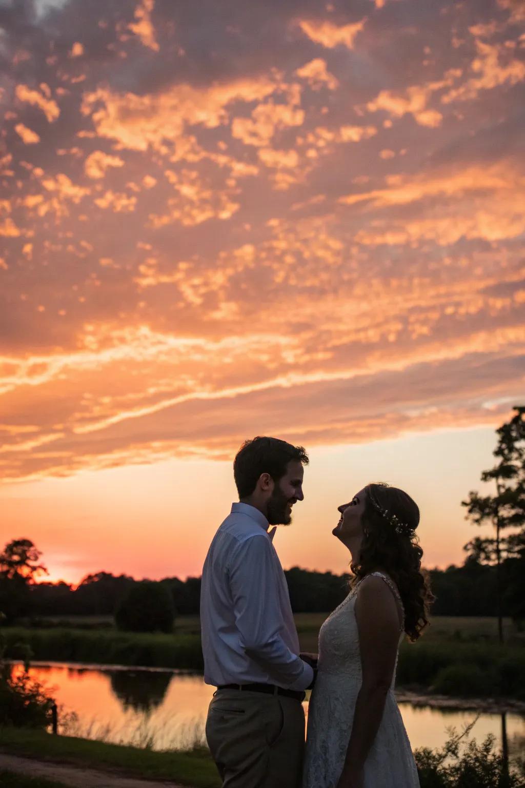 A couple during a 'first look' session under a golden sky.