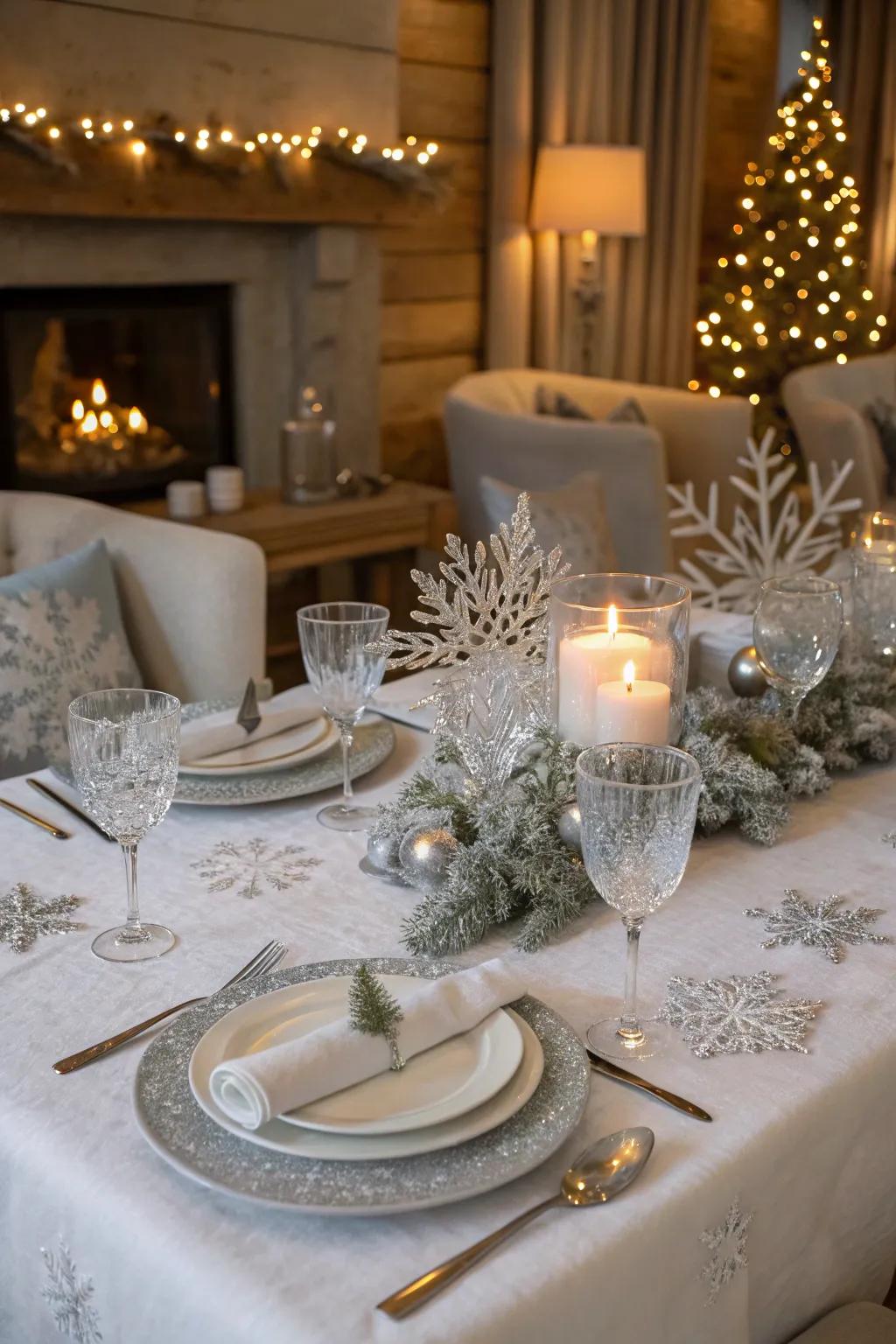 A winter-themed table setting with frosty accents.