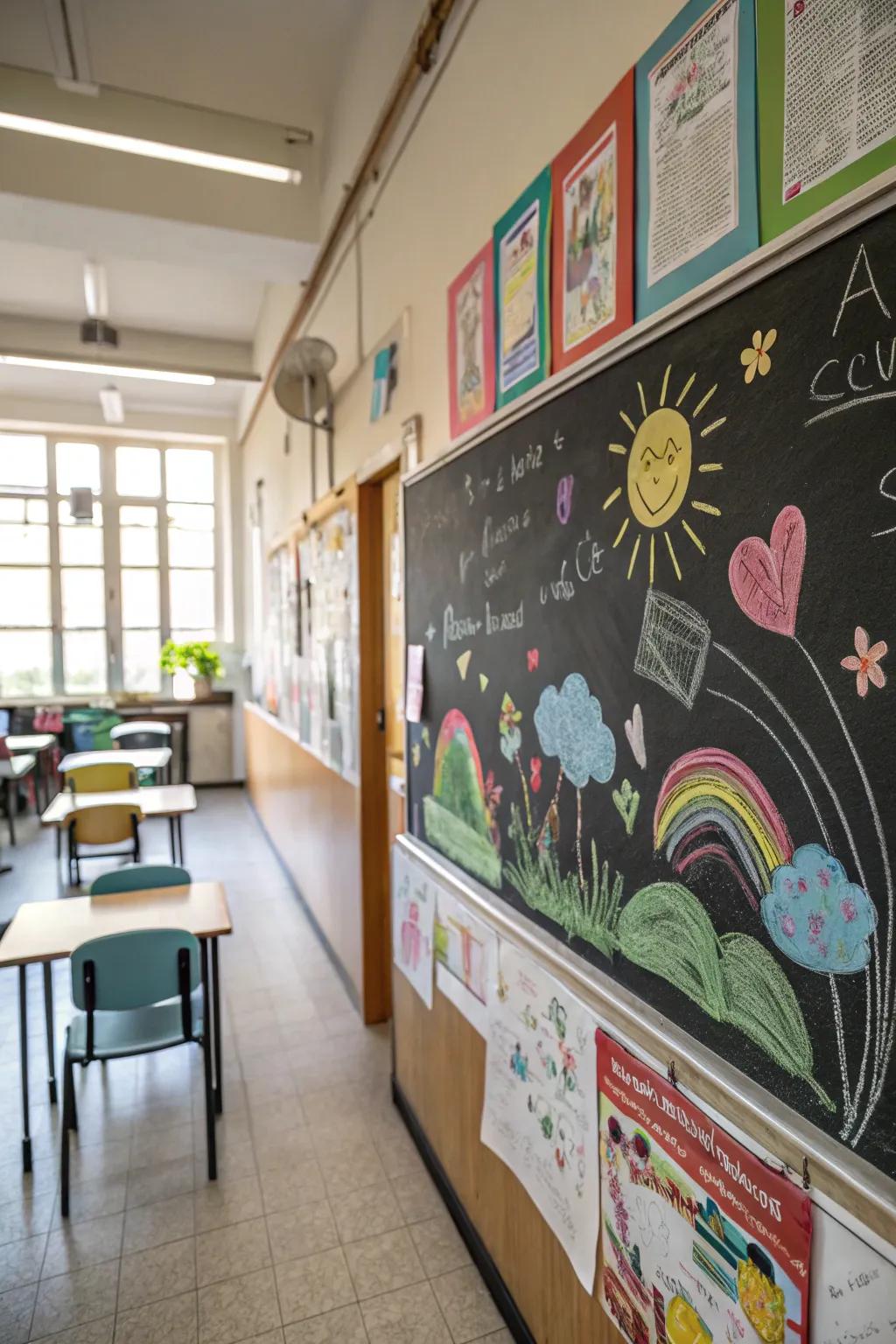 Chalkboard-themed board filled with colorful, heartfelt messages.