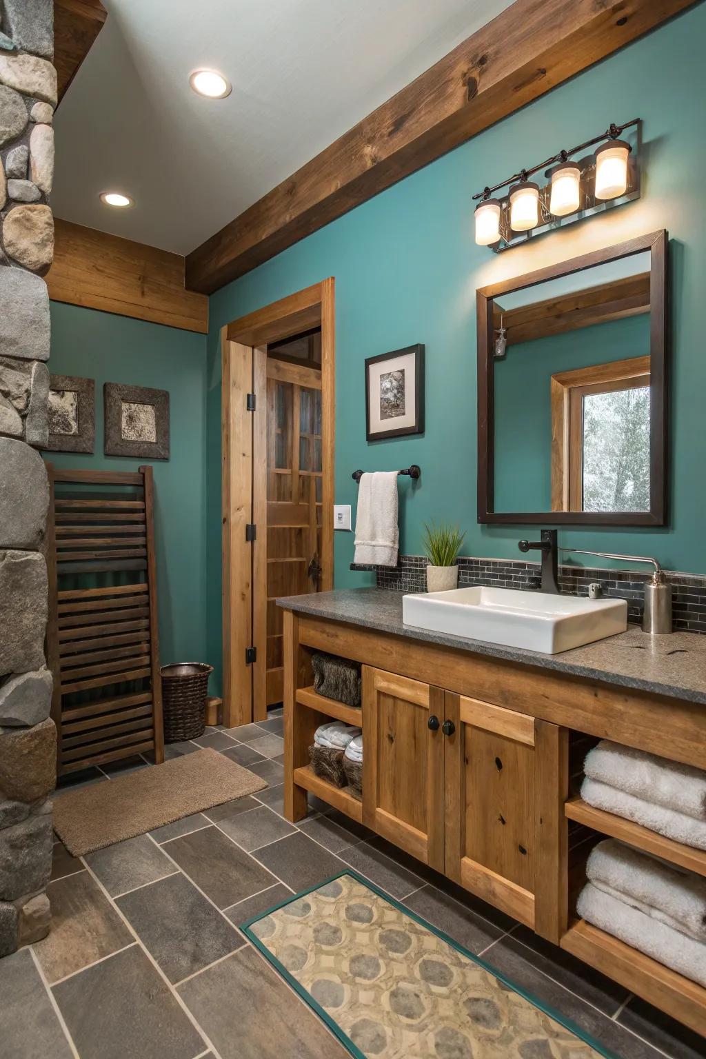 Spa-like bathroom ambiance with teal and natural materials.